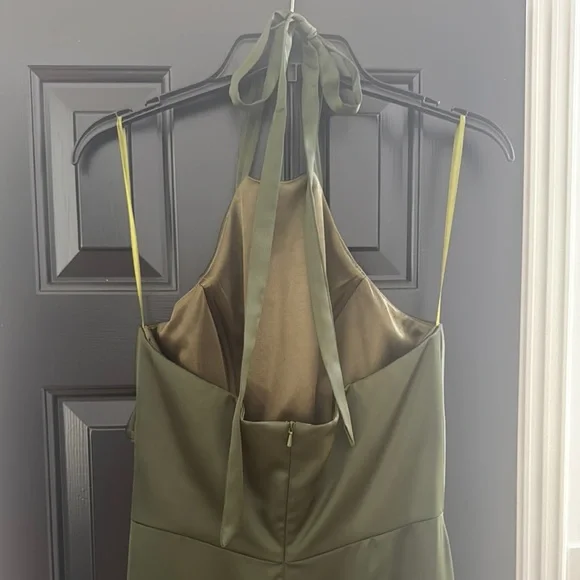 Revelry Fallon Satin Dress in Deep Olive - Picture 5 of 6